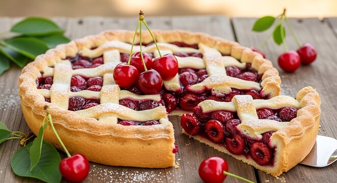 Delicious Cherry Pie on Wooden Table with Sliced Portion