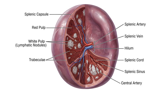 Cross‑section of the spleen illustrating outer splenic capsule, internal trabeculae, regions of red pulp and white pulp lymphatic nodules, central artery, splenic cords and sinuses converging toward h
