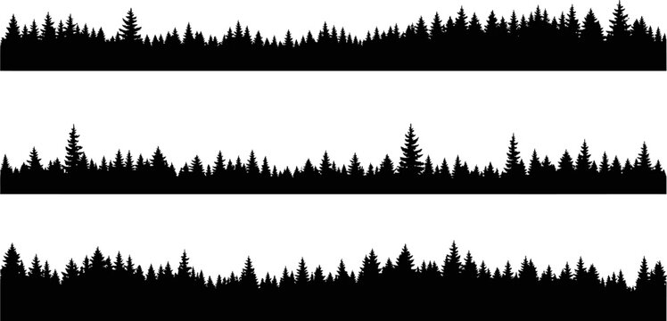 Black silhouette forest treeline vector set featuring coniferous pine and fir trees for landscape design elements