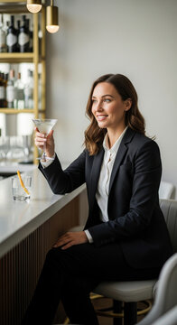 Confident woman in business suit enjoying a cocktail at bar  