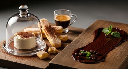 Fototapeta premium Elegant gourmet tiramisu dessert with espresso and chocolate sauce on a wooden board.