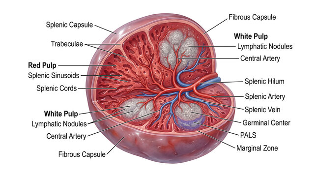 Detailed cross‑section of the human spleen showing fibrous capsule, trabeculae, red pulp with splenic sinusoids and cords, and white pulp lymphatic nodules surrounding central arteries for blood filtr