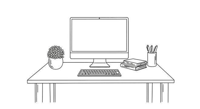 Minimalist desk setup with computer, keyboard, books, and plant illustration