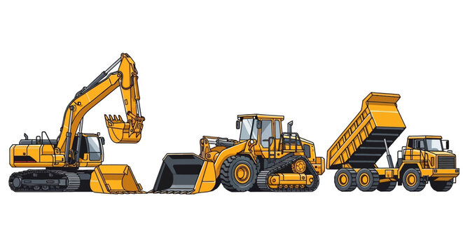 Heavy machinery vehicles including excavator, bulldozer, and dump truck working together outdoors on a construction site.