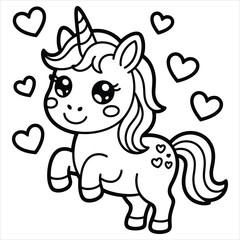 Naklejka premium Cute kawaii unicorn coloring page with floating hearts