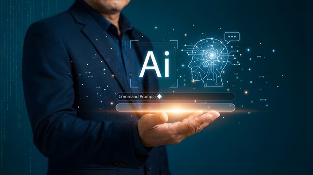 Businessman holding a glowing ai symbol in his hand with a futuristic background
