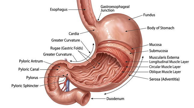 Labeled anatomy of the human stomach in longitudinal section highlighting esophagus, cardia, fundus, body, pyloric antrum, pyloric canal, pyloric sphincter, rugae, muscular layers and serosa to show g