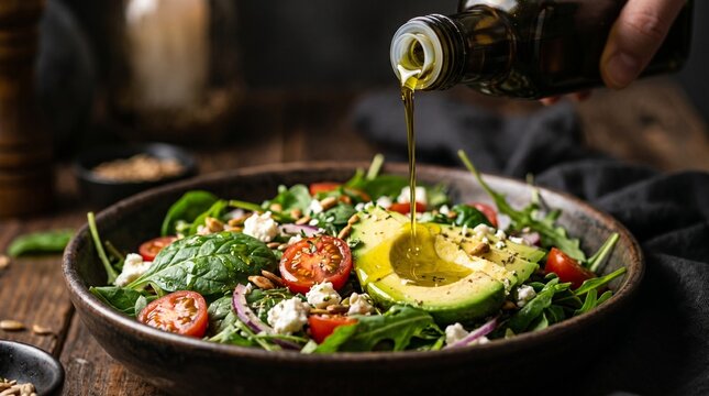 Close-up macro shot of avocado oil being drizzled over salad