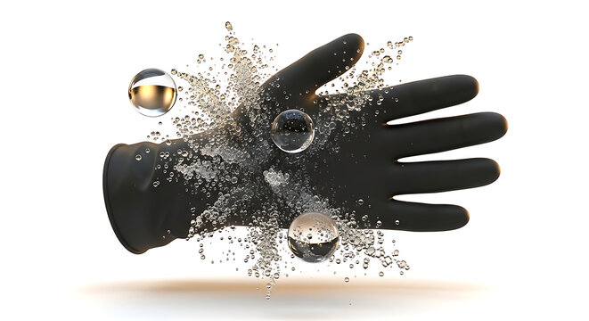 Isolated black protective glove exploding outwards with glittering particles and glass spheres, dynamic abstract motion