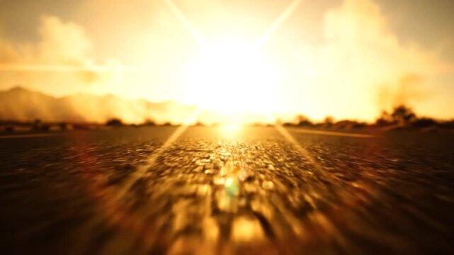 A long asphalt road stretching towards a bright sunset on a cloudy evening