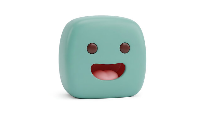 Isolated cartoonish teal cube character with a wide open mouth smile and round brown eyes, simple 3d render on a white background
