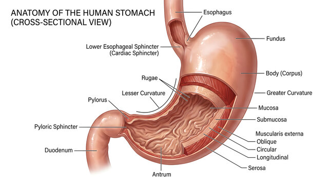 Detailed cross‑section view of the human stomach labeling fundus, body, antrum, rugae, mucosa, submucosa, muscularis externa, serosa, lower esophageal sphincter and pyloric sphincter to explain layers
