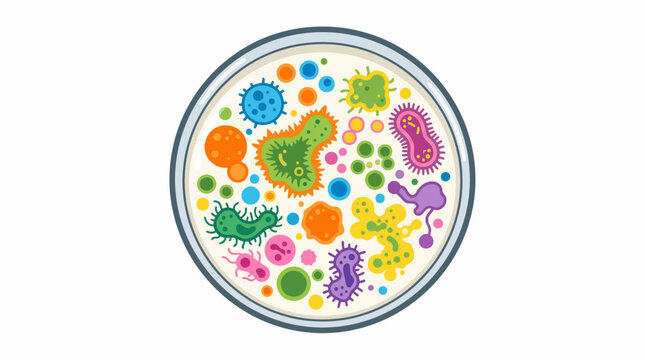 A colorful petri dish filled with various vibrant microbes and bacteria.