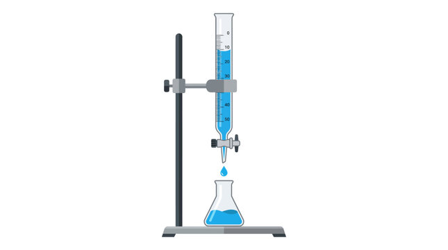 Laboratory equipment setup for titration with burette and Erlenmeyer flask on a metal stand