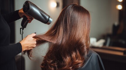 Naklejka premium Salon Styling Session: A stylist expertly uses a hairdryer on a client's long, flowing hair, creating a sleek and stylish look inside the salon. 