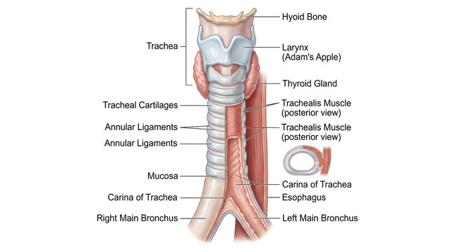 Anterior view illustration of human trachea and larynx showing hyoid bone, thyroid cartilage, cricoid cartilage, tracheal cartilages, annular ligaments and carina leading into right and left main bron