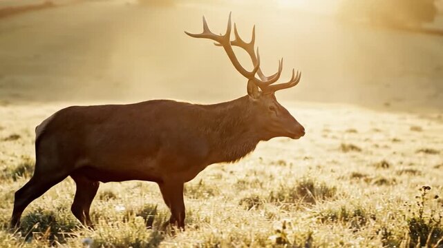 Majestic stag with large antlers walking in a sunlit grassy field
