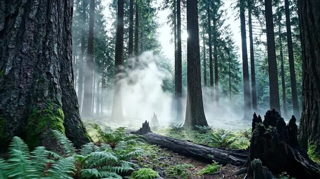 Misty forest with sunlight filtering through tall trees and lush green undergrowth