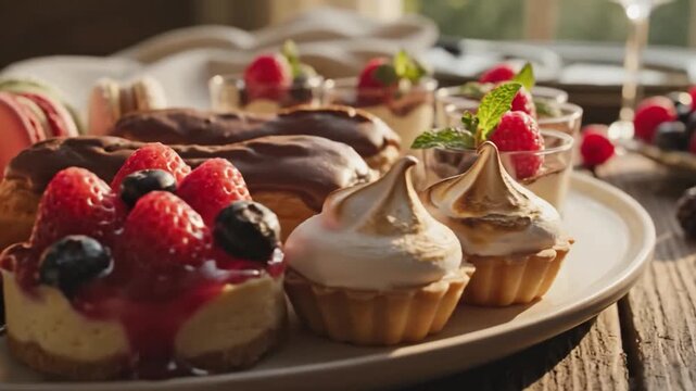 Assortment of delicious sweet pastries and desserts arranged on a plate