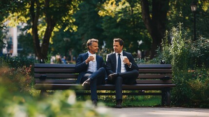 Fototapeta premium Two businessmen talking on park bench with coffee, casual meeting and business discussion outdoors