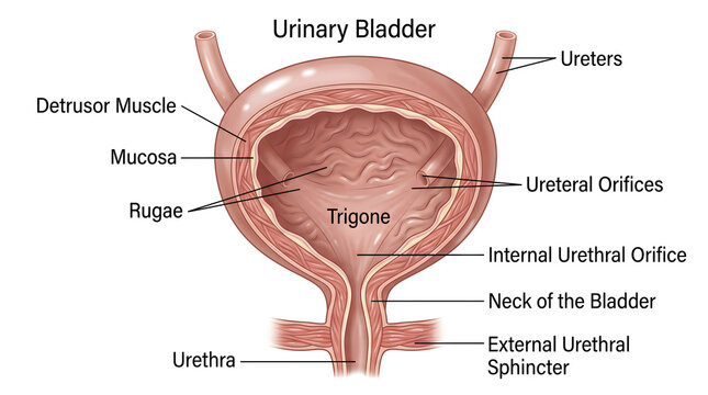 Simplified labeled diagram of the urinary bladder highlighting detrusor muscle, mucosa with rugae, trigone, ureteral orifices, bladder neck, internal and external urethral sphincters and urethra to ex