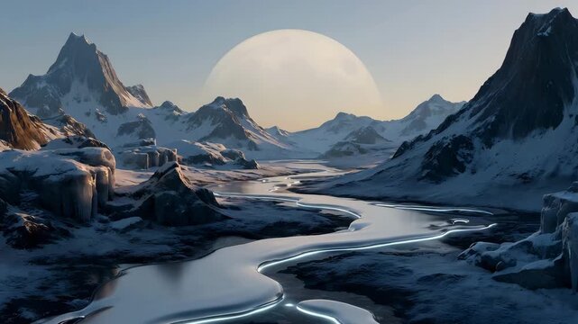 Futuristic river reflects lunar glow amid snowy mountains, evoking resilience