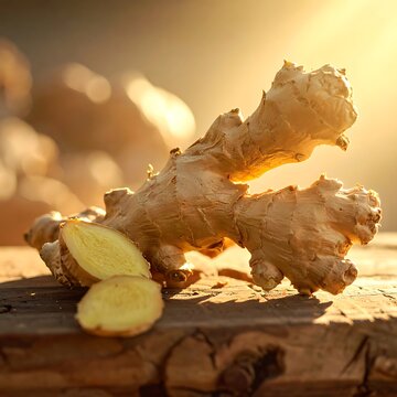 A close-up of fresh ginger root on a wooden surface