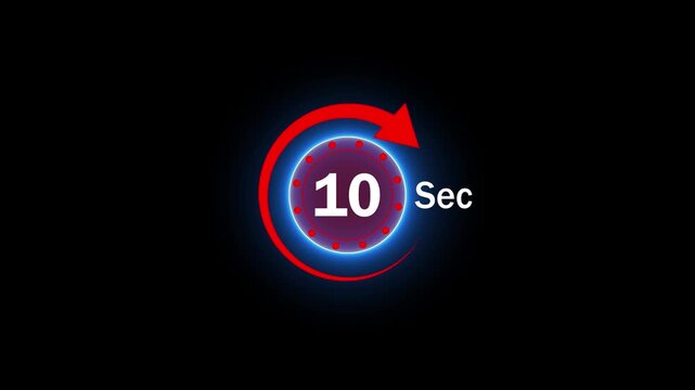 Animation video timer icon with 10 Sec, timer 10 Seconds countdown icon, motion graphic arrow Clock 10 Second icon, black background arrow 4k video animation,