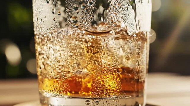 A tall glass of amber colored liquid with ice and condensation being poured