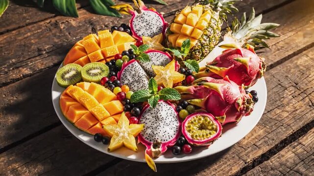 A vibrant platter of assorted tropical fruits served on a rustic wooden table