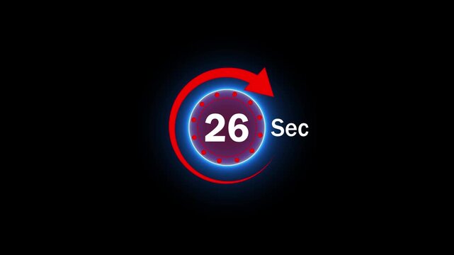Animation video timer icon with 26 Sec, timer 26 Seconds countdown icon, motion graphic arrow Clock 26 Second icon, black background arrow 4k video animation,