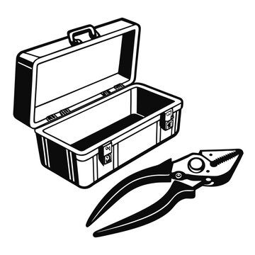 Vintage toolbox and pliers vector illustration. Retro open metal tool box with hand tools. Black and white industrial repair equipment line art icon.