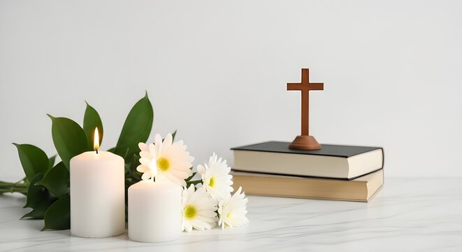 A serene still life featuring a wooden cross atop a stack of books with candles and foliage evoking peace and spirituality