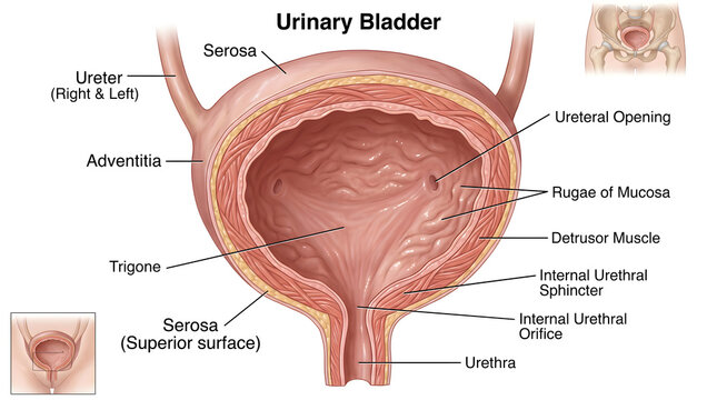 Labeled cross‑sectional anatomy of the urinary bladder showing detrusor muscle, rugae of mucosa, trigone, ureteral openings and urethra, providing a clear overview of bladder wall layers and sphincter