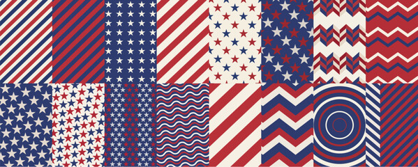 Fototapeta premium 4th of July Seamless Pattern Set – USA Patriotic Red White Blue Background Collection