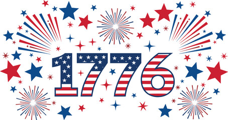 1776 USA patriotic typography with stars stripes and fireworks for Independence Day celebration banner vector illustration design © Sajjat