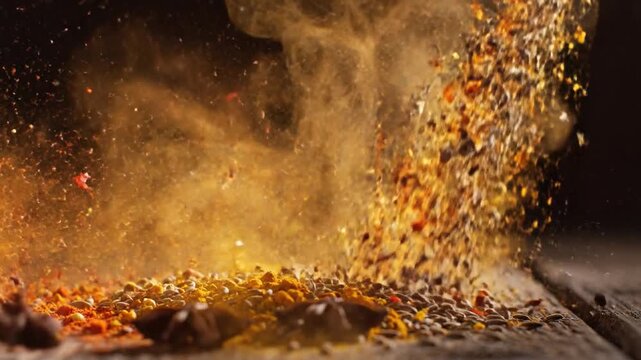 Explosion of colorful spices and herbs in motion