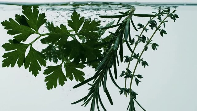 Fresh herbs including parsley rosemary and thyme submerged in clear water