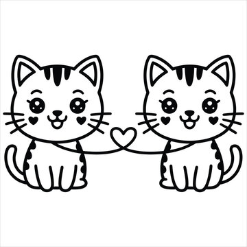 Two cute kawaii kittens connected by a heart-shaped string line