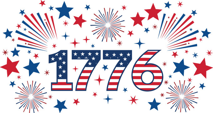 1776 USA patriotic typography with stars stripes and fireworks for Independence Day celebration banner vector illustration design