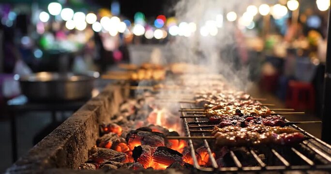 Meat skewers cooking on a charcoal grill at a busy night market