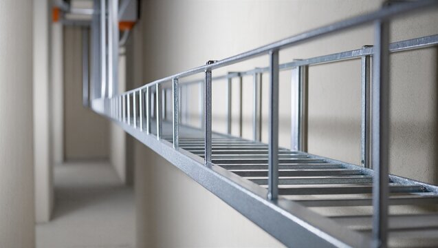 Metal cable tray ladder rack installed along an industrial corridor