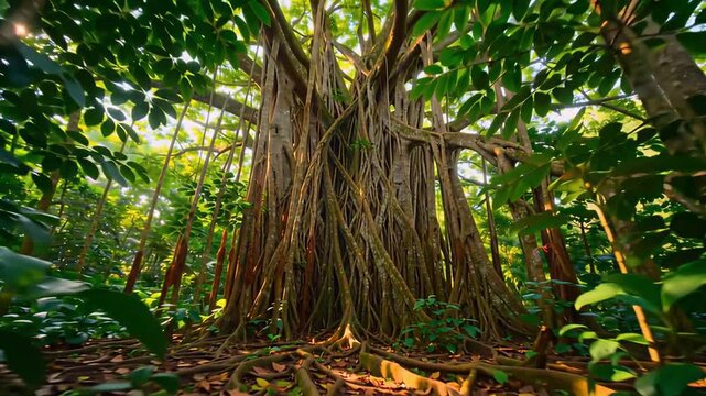 A colossal ancient Banyan tree dominates the frame with its immense spreading canopy and supportive roots, ideal for nature conservation projects.