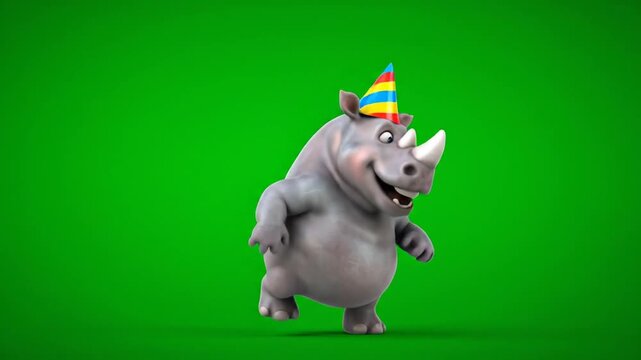 Rhino wearing colorful party hat on green screen
