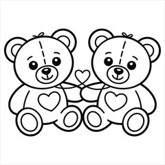 Fototapeta premium Two sitting teddy bears holding a heart, black and white line