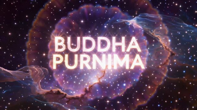 Glowing ethereal white and blue Buddha Purnima text floating dynamically in a deep cosmic space background, ideal for spiritual event promos.