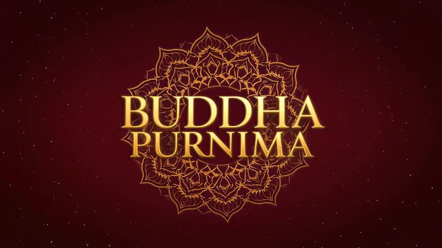Elegant golden serif text displaying Buddha Purnima surrounded by a slowly rotating intricate mandala, perfect for religious festival greetings.