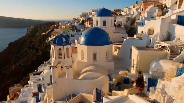 Slow motion aerial view of iconic white houses with blue domes in Santorini during gentle morning light, ideal for luxury travel commercials.