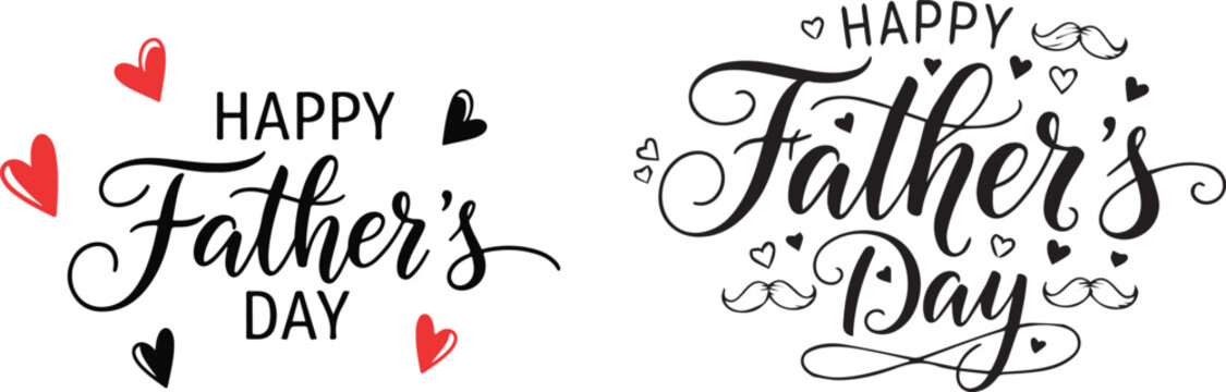 Happy father's day paired designs featuring script text and heart decorations in red and black