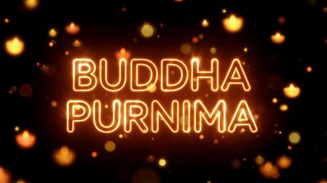 Buddha Purnima text displayed in a bright glowing orange neon font against a solid black background, perfect for modern festive event displays.